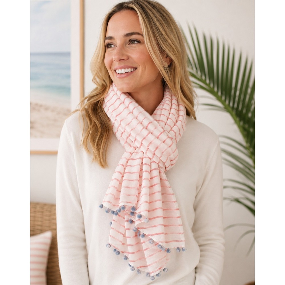 NWT Vineyard Vines Break Stripe Scarf Washed Neon Pink Pom Pom Cotton Silk Wrap